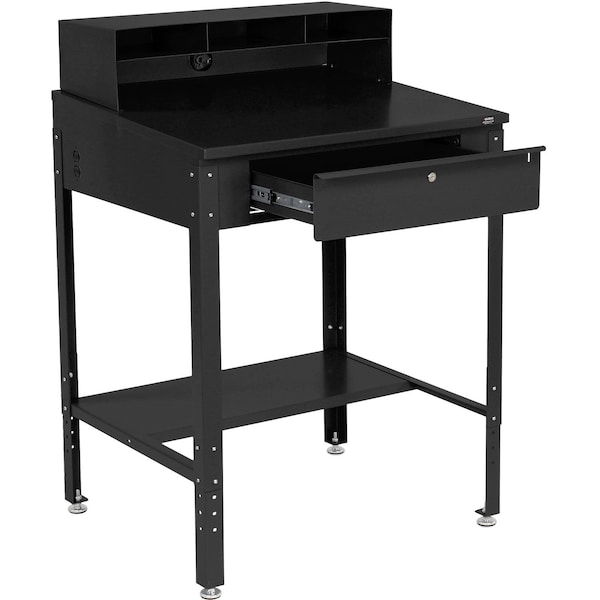 Sloped Surface Shop Desk With Pigeonhole Compartment Riser, 34-1/2W X 30D X 38H, Black